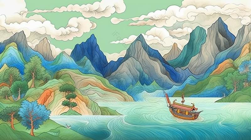 国潮青山绿水船只水彩插画,插画/手绘图,插画/手绘图库,插画/手绘图下载,插画/手绘